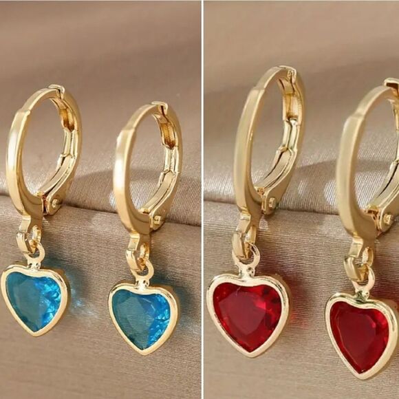 Heart dangle earrings 2 pair blue red - Picture 1 of 11